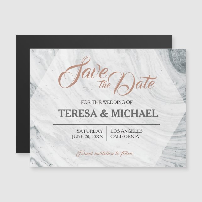 Personalised Marble Wedding Save the Date, hexagon Magnetic Invitation (Front/Back)