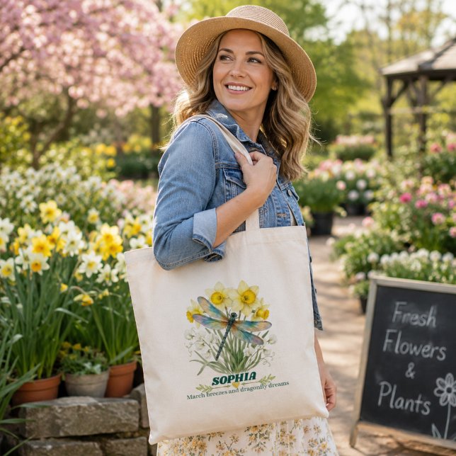 Personalised March Birth Flower Iris Dragonfly Tote Bag (Creator Uploaded)
