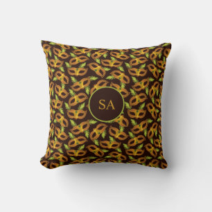 Personalised Mardi Gras Golden Green Feathers Mask Cushion