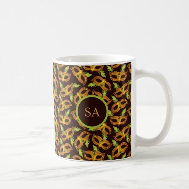 Personalised Mardi Gras Golden Mask Green Feathers Coffee Mug (Right)