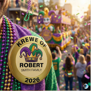 Personalised Mardi Gras Krewe Family Jester Hat 6 Cm Round Badge