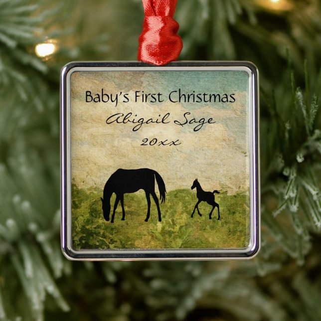 Personalised Mare Foal Horse Baby's 1st Christmas Metal Ornament (Tree)