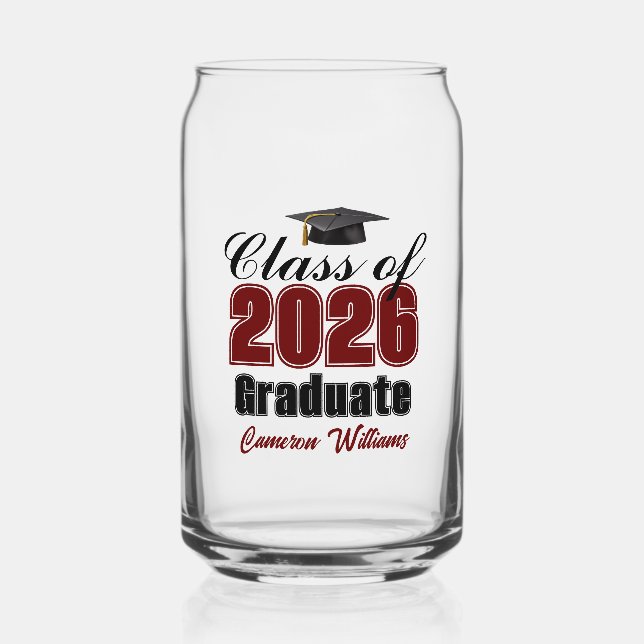 Personalised Maroon Black Class of 2026 Graduation Can Glass (Front)