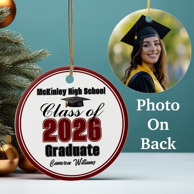 Personalised Maroon Class of 2026 Graduation Photo Ceramic Ornament (Creator Uploaded)