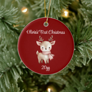 Personalised Maroon Deer Baby Girl First Christmas Ceramic Ornament
