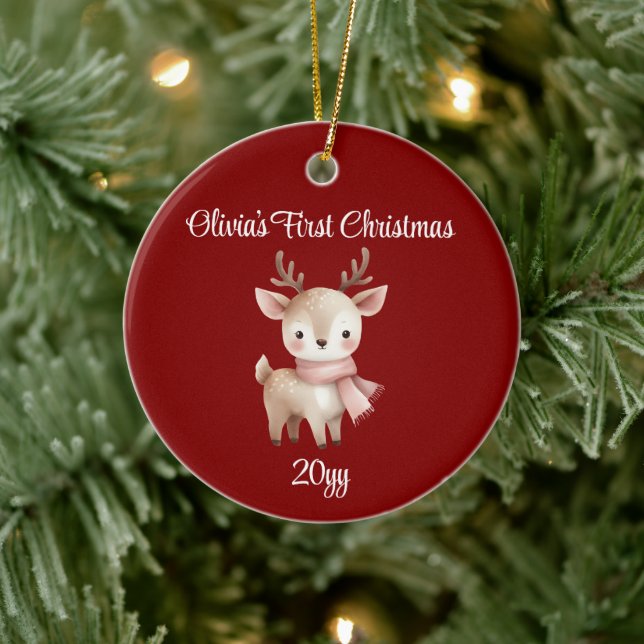 Personalised Maroon Deer Baby Girl First Christmas Ceramic Ornament (Tree)