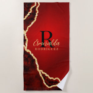 Personalised Maroon Red Gold Black Stylish Agate Beach Towel