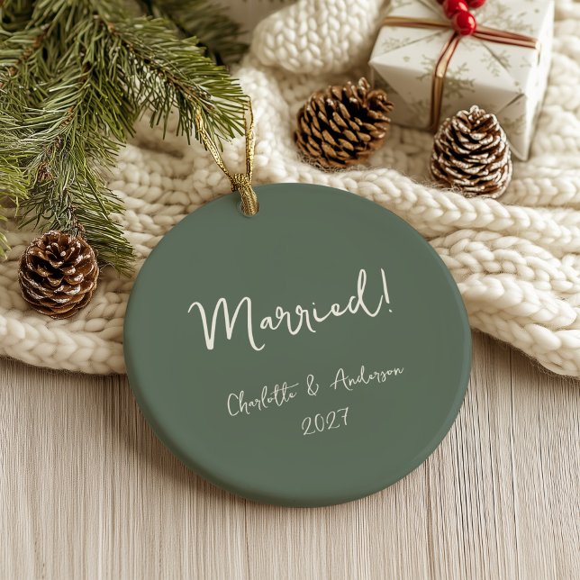 Personalised Married Couple Handwritten Green Ceramic Ornament (Creator Uploaded)