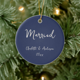 Personalised Married Couple Handwritten Navy Blue Ceramic Ornament
