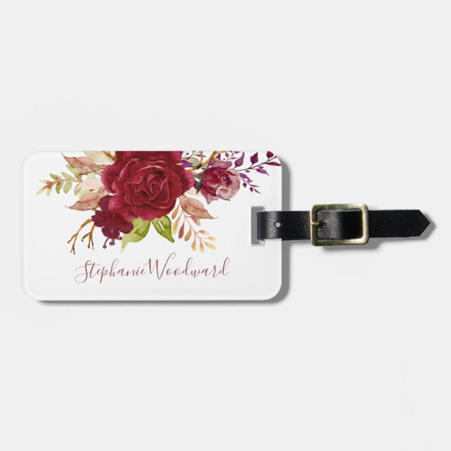 Personalised Marsala Bouquet Floral Script Luggage Tag (Front Horizontal)