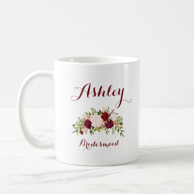 Personalised Marsala Pink Floral Bridesmaid Coffee Mug (Left)