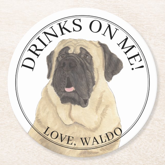 Personalised Mastiff Dog Wedding Round Paper Coaster (Front)