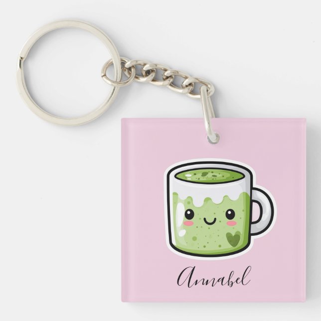 Personalised Matcha Drink and Cake Key Ring (Front)