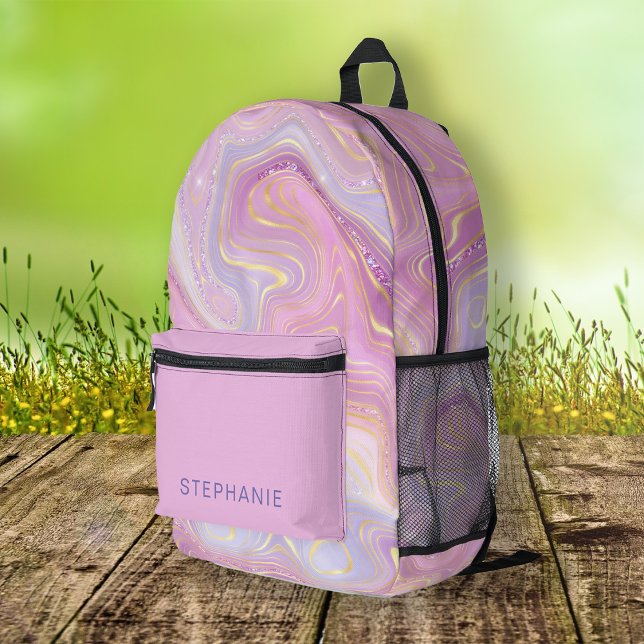 Personalised Mauve Lavender Gold Marble Strata Printed Backpack (Personalized Mauve Lavender Gold Marble Strata Printed Backpack)