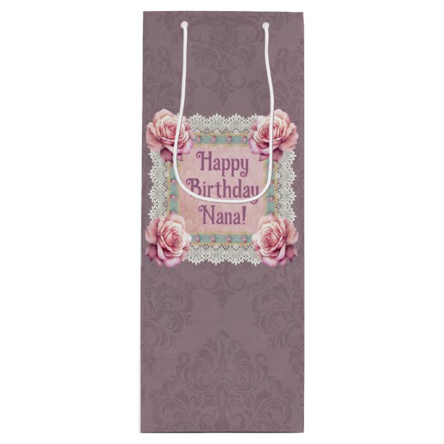 Personalised Mauve Roses Lace Damask Gift Bag (Front)