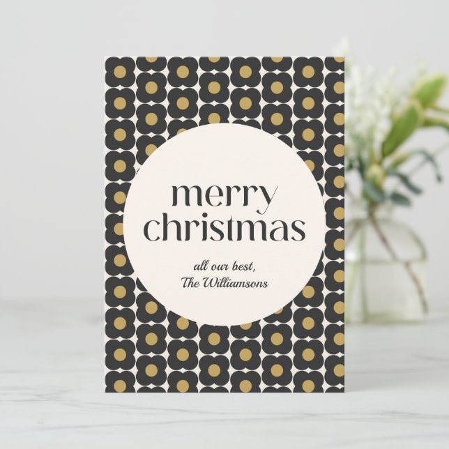 Personalised MCM Retro Flower Black Gold Christmas Holiday Card (Standing Front)