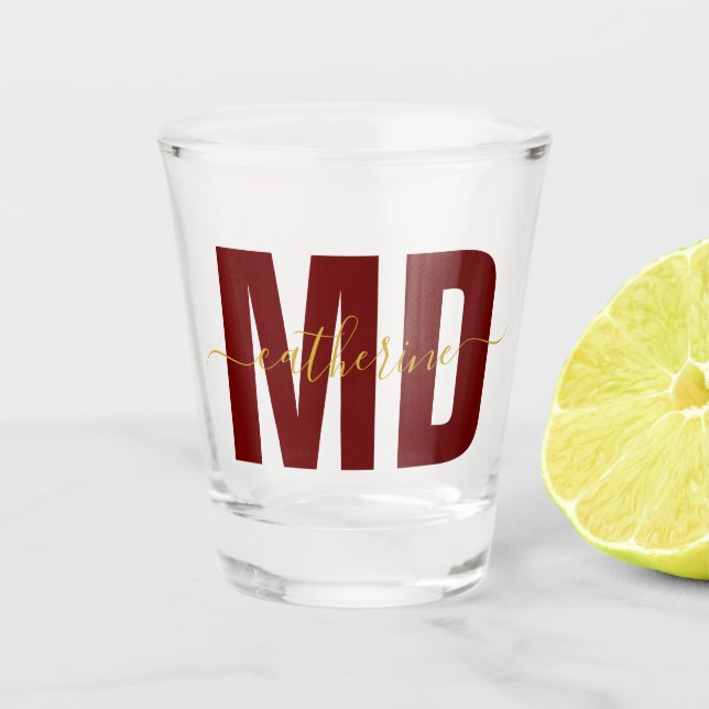Personalised MD Doctor Maroon & Gold Shot Glass (Front)