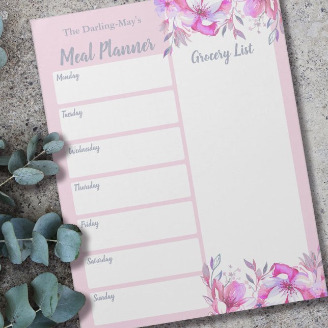 Personalised Meal Planner Grocery List Pink Floral Notepad (Creator Uploaded)