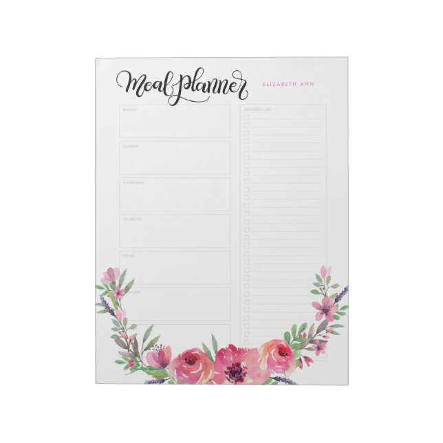 Personalised Meal planner pink flowers Notepad (Rotated)