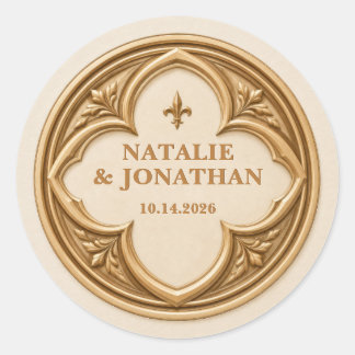 Personalised Mediaeval Quatrefoil Wedding Classic Round Sticker