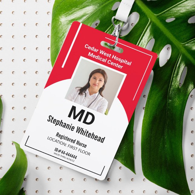 Personalised Medical Employee Photo ID Red Badge ID Badge (Simple Medical ID Badge for a registered nurse or doctor that is easy to change and personalized.)