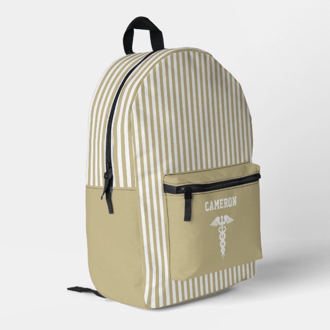 Personalised Medical Symbol Khaki Colour Stripes Printed Backpack (Back Corner Left)