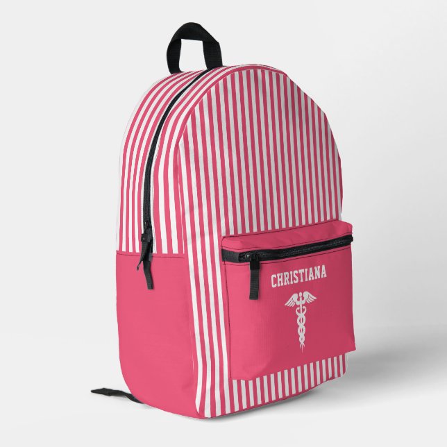 Personalised Medical Symbol Pink Stripes Printed Backpack (Back Corner Left)