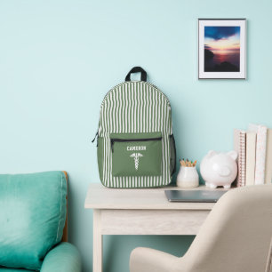 Personalised Medical Symbol Sage Green Stripes Printed Backpack