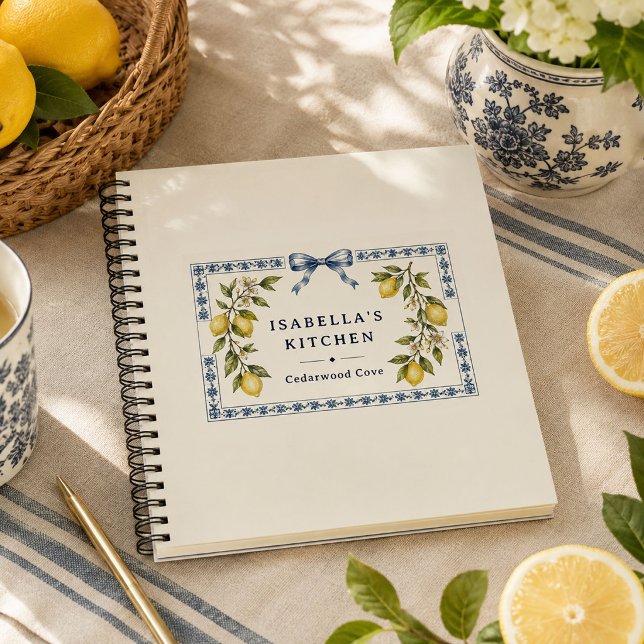 Personalised Mediterranean Lemon Kitchen Recipe Notebook (Personalized lemon recipe notebook with blue floral border, ribbon bow and custom kitchen name.
)