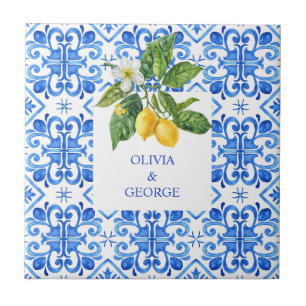 Personalised Mediterranean lemons wedding blue Ceramic Tile