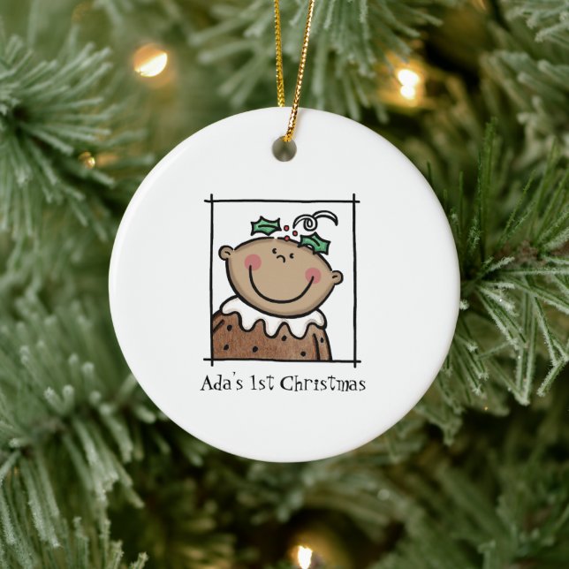 Personalised Medium Skin Tone Baby Face Baby's 1st Ceramic Ornament (Tree)