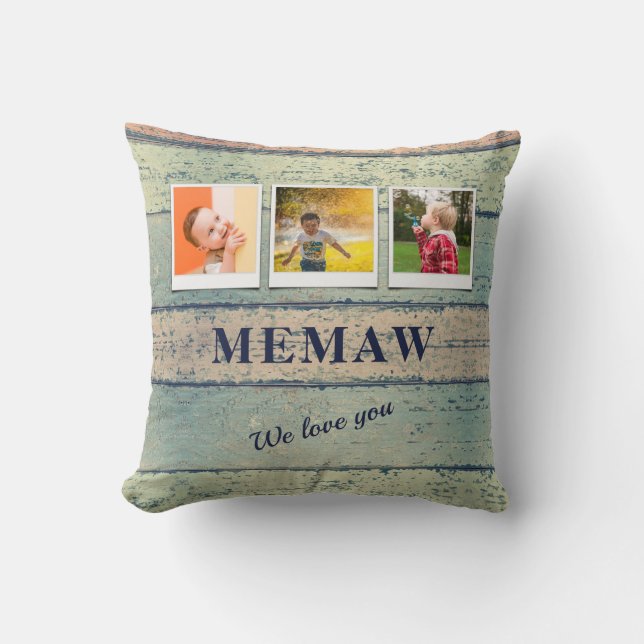 Personalised Memaw Grandchildren 3 Photo Collage Cushion (Front)