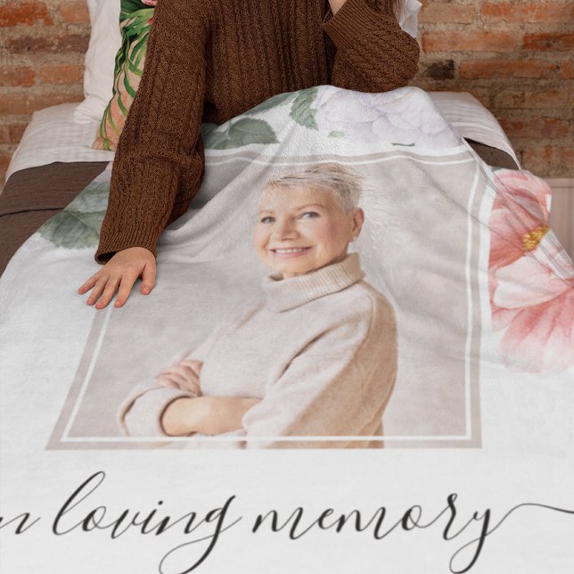  Personalised Memorial Photo Peony Floral Fleece Blanket (Custom Memorial Floral Peony Blanket, a token of remembrance that merges comfort and sentiment.)