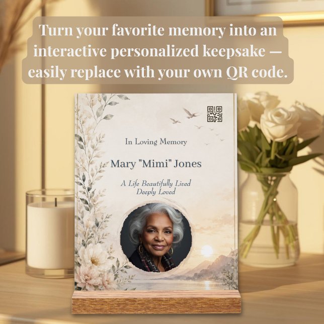 Personalised Memorial with Photo and QR Code Acrylic Sign (Personalized memorial acrylic with QR code keepsake for music, videos, voice messages & memories)
