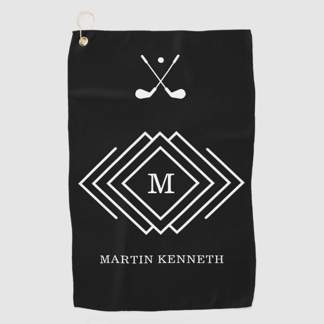 Personalised Men's Black And White Monogram Golf Towel (Front)