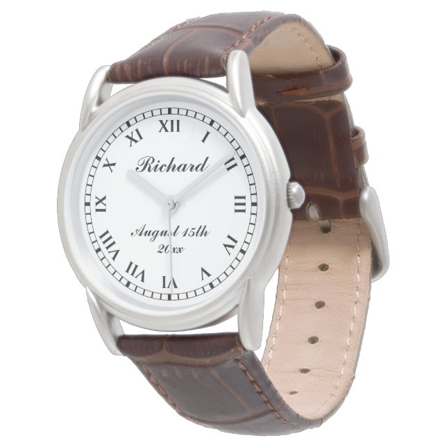 Personalised men's watch with classy leather band (Angled)