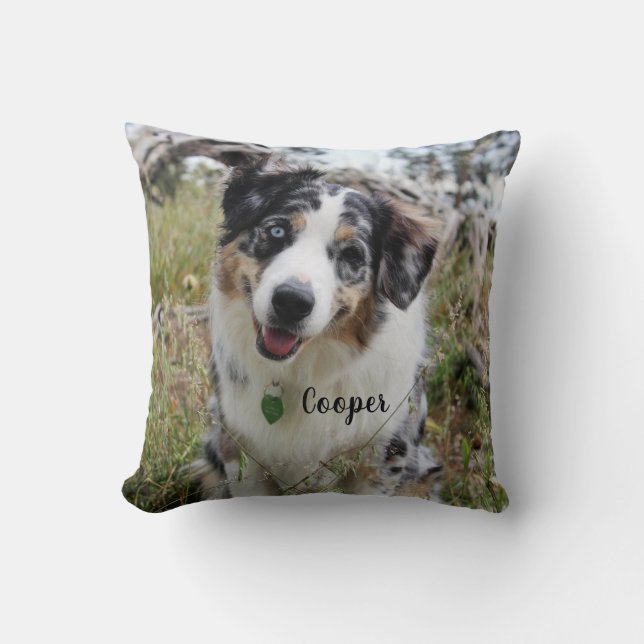 Personalised Merle Australian Shepherd Puppy Cushion (Front)