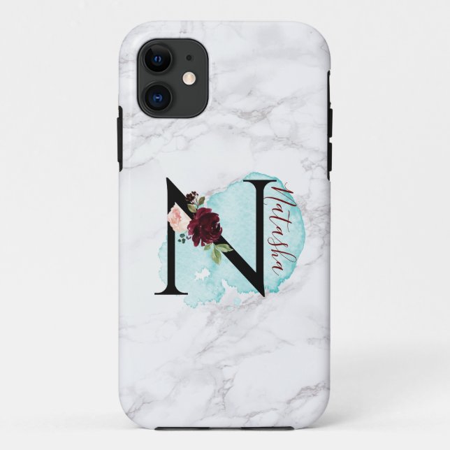 Personalised Merlot Navy Floral Letter N with Name Case-Mate iPhone Case (Back)