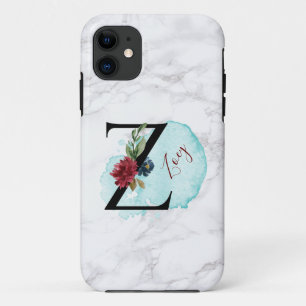 Personalised Merlot Navy Floral Letter Z with Name iPhone 11 Case