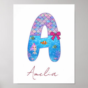 Personalised Mermaid Alphabet Letter A Poster