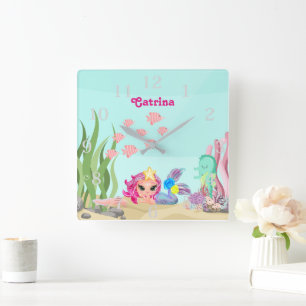 Personalised Mermaid and Axolotl Square Wall Clock