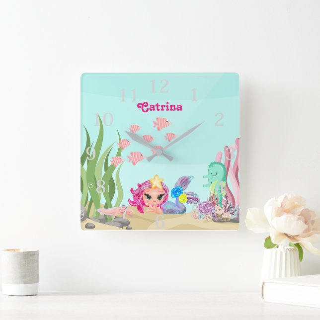 Personalised Mermaid and Axolotl Square Wall Clock (Home)