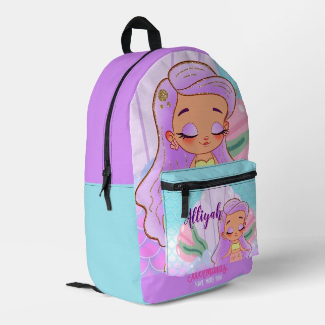 Personalised Mermaid Azure/Lavender Printed Backpack (Back Corner Left)