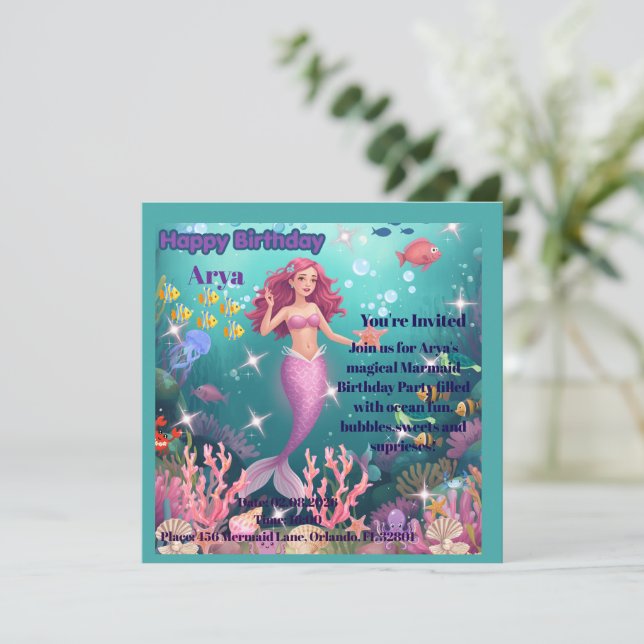 Personalised Mermaid Birthday Party Invitation (Standing Front)