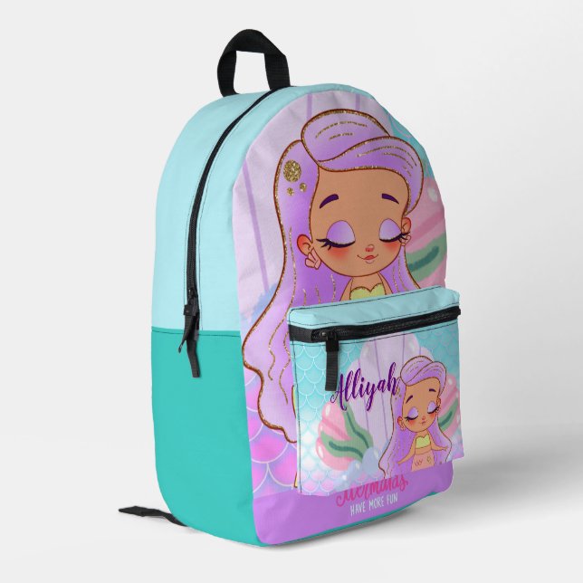 Personalised Mermaid Cyan/Azure Printed Backpack (Back Corner Left)