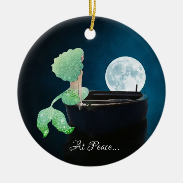 Personalised Mermaid on Boat, At Peace, Full Moon Ceramic Ornament (Front)