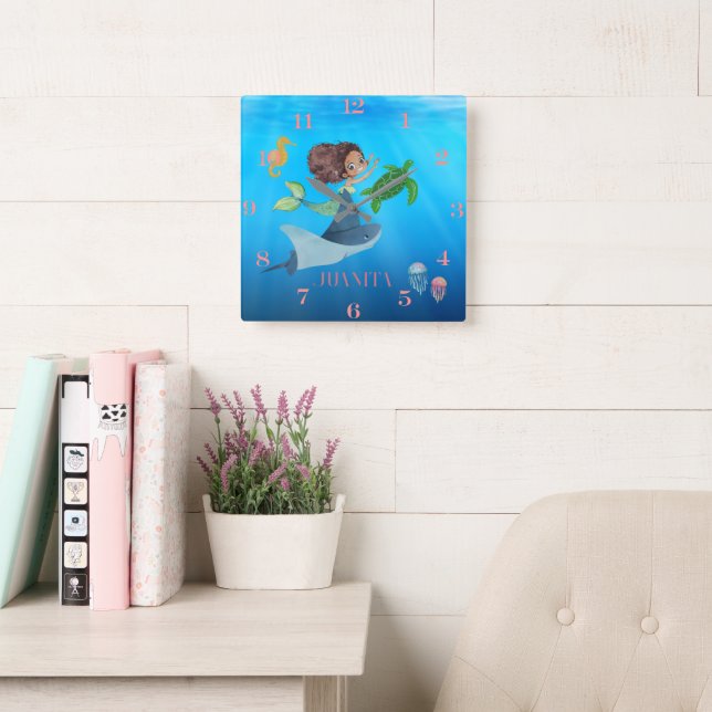 Personalised Mermaid  Square Wall Clock (Reading Room)