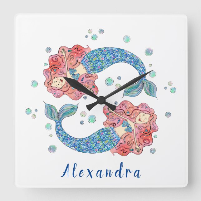 Personalised Mermaid Square Wall Clock (Front)
