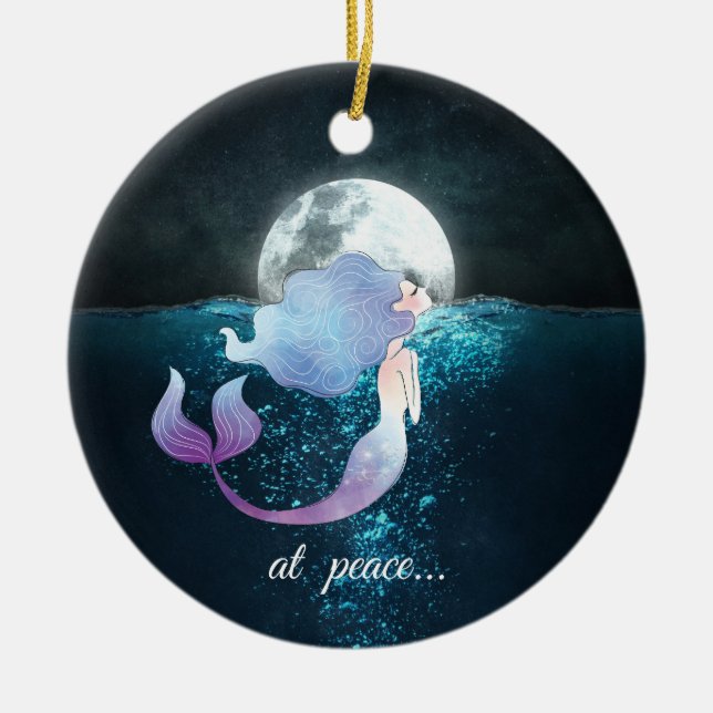 Personalised Mermaid Swimming, At Peace, Full Moon Ceramic Ornament (Front)