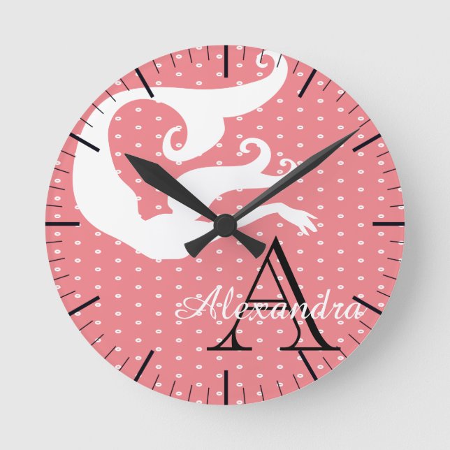 Personalised Mermaid White Coral salmon  monogram  Round Clock (Front)